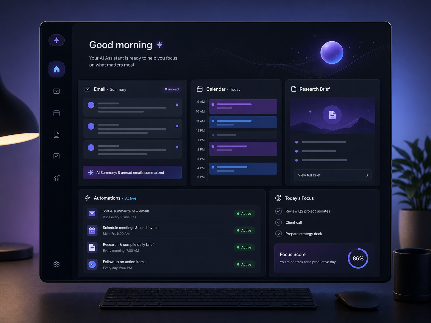 AI Personal Assistant interface showing task automation